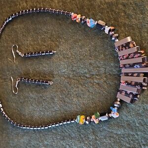 Beaded Black & Silver Necklace with Dangling Earring Set.